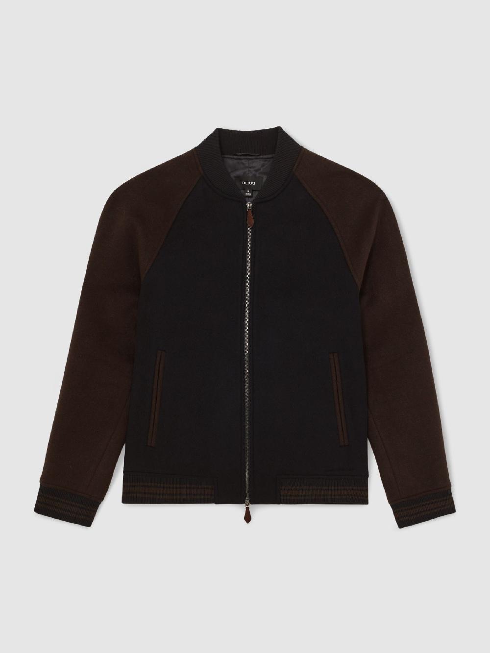 Reiss Wool-Blend Colour-Block Bomber Jacket In Navy/Brown