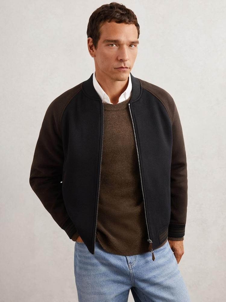 reiss Wool-Blend Colour-Block Bomber Jacket in Navy/Brown