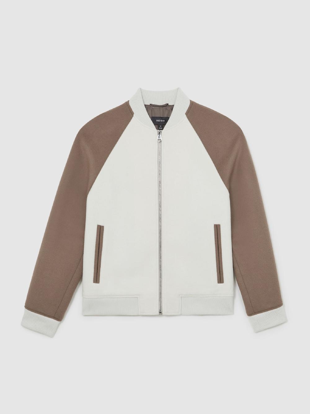 Reiss Wool-Blend Colour-Block Bomber Jacket In Off White/Oatmeal