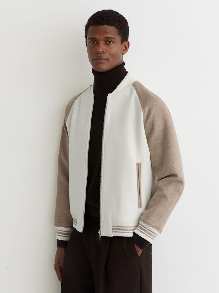 reiss Wool-Blend Colour-Block Bomber Jacket in Off White/Oatmeal