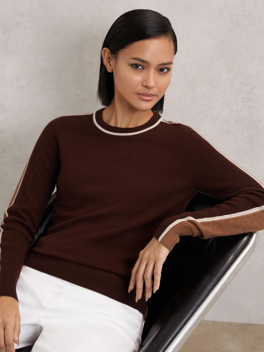 Reiss Wool-Blend Colour-Block Jumper With Cashmere In Burgundy/Tan
