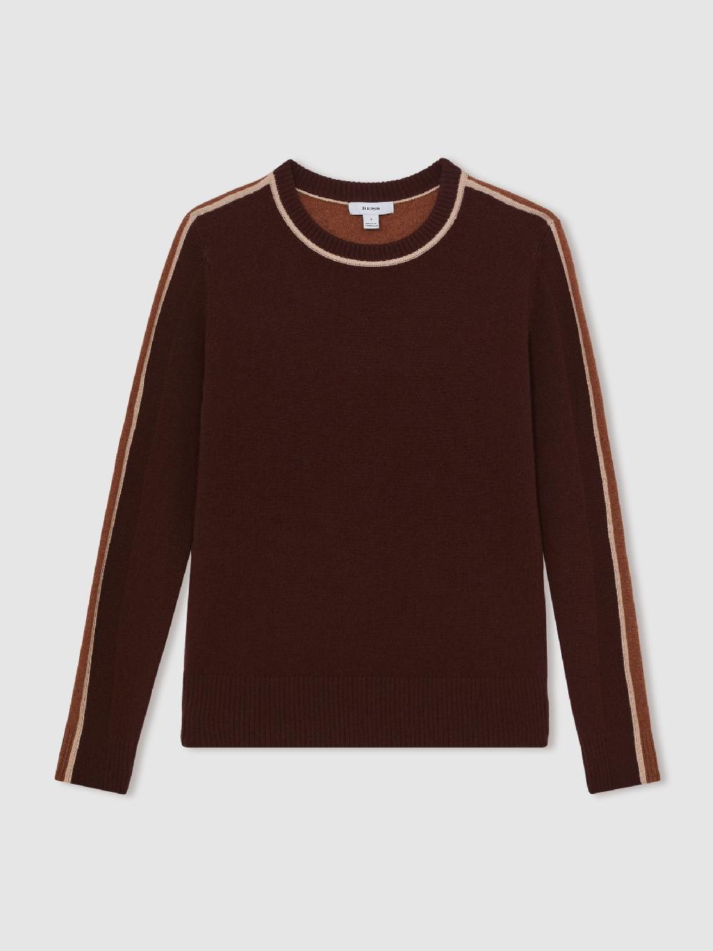 Reiss Wool-Blend Colour-Block Jumper With Cashmere In Burgundy/Tan