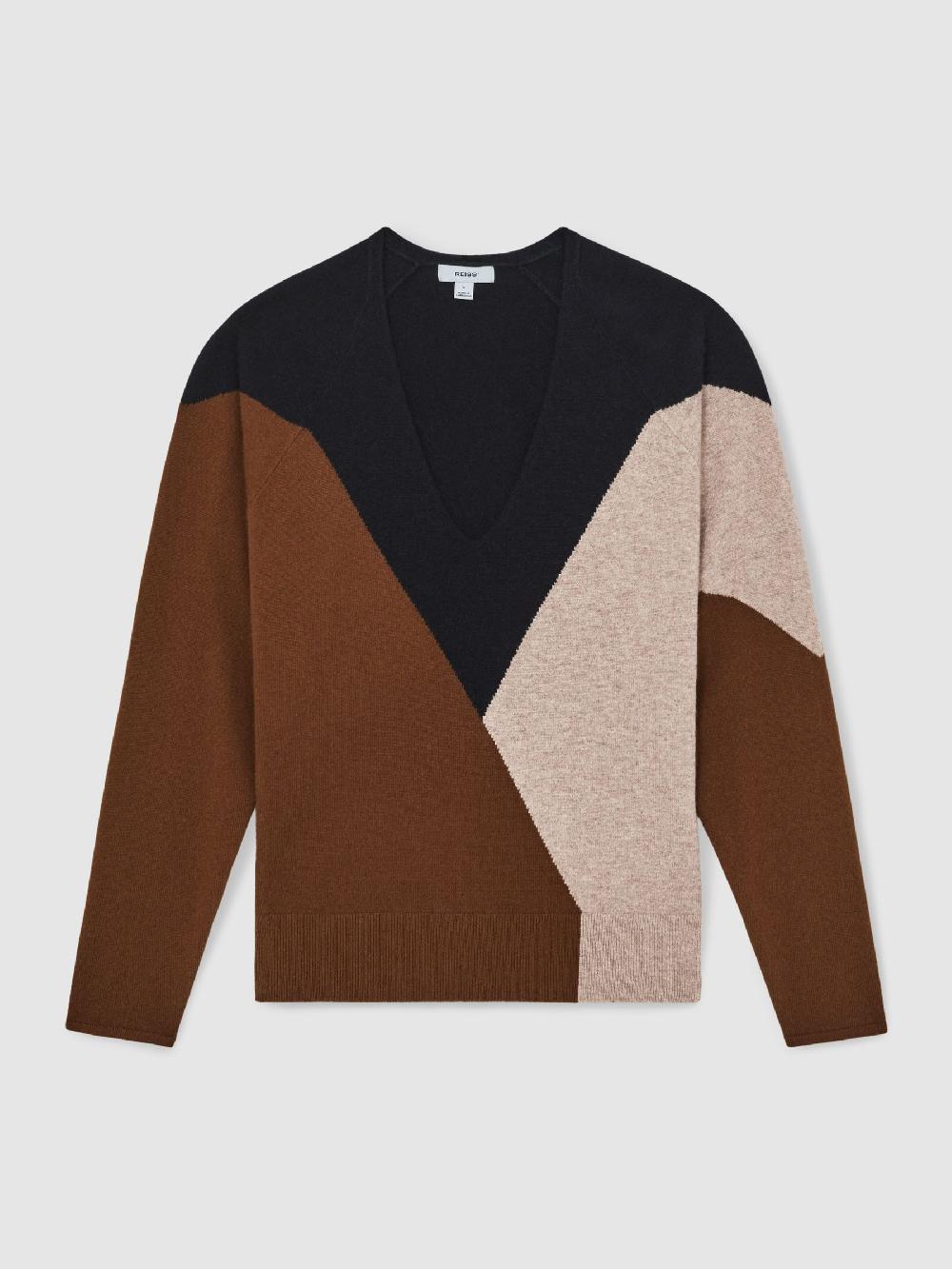 Reiss Wool-Blend Colourblock Knit Jumper With Cashmere In Toffee Brown/Navy/Neutral
