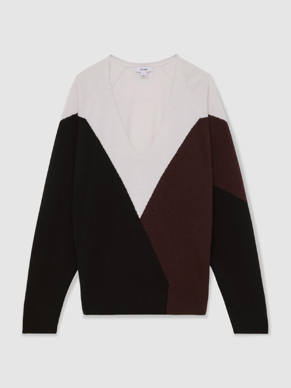 Reiss Wool-Blend Colourblock Knit Jumper With Cashmere In Black/Burgundy/Cream