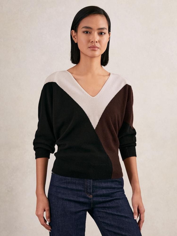 reiss Wool-Blend Colourblock Knit Jumper with Cashmere in Black/Burgundy/Cream
