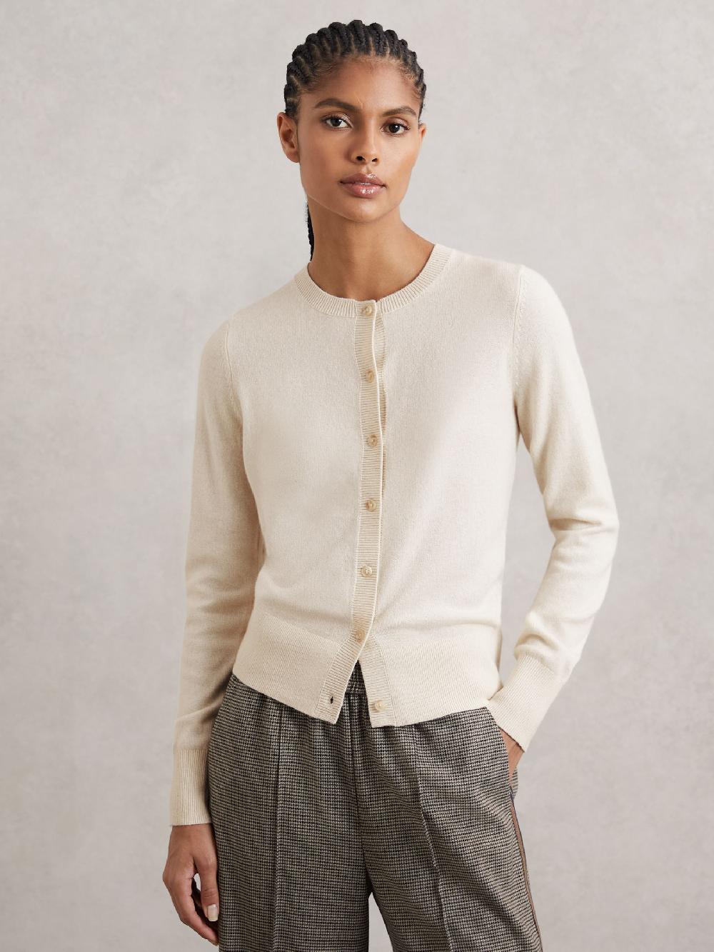 Reiss Wool-Blend Crew-Neck Cardigan With Cashmere In Cream