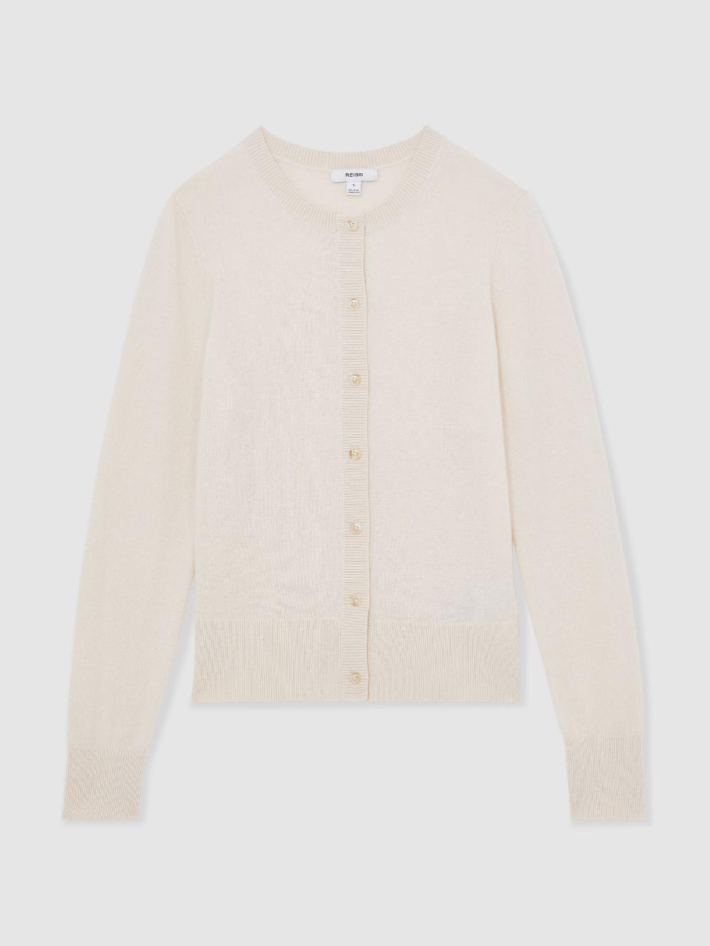 Reiss Wool-Blend Crew-Neck Cardigan With Cashmere In Cream