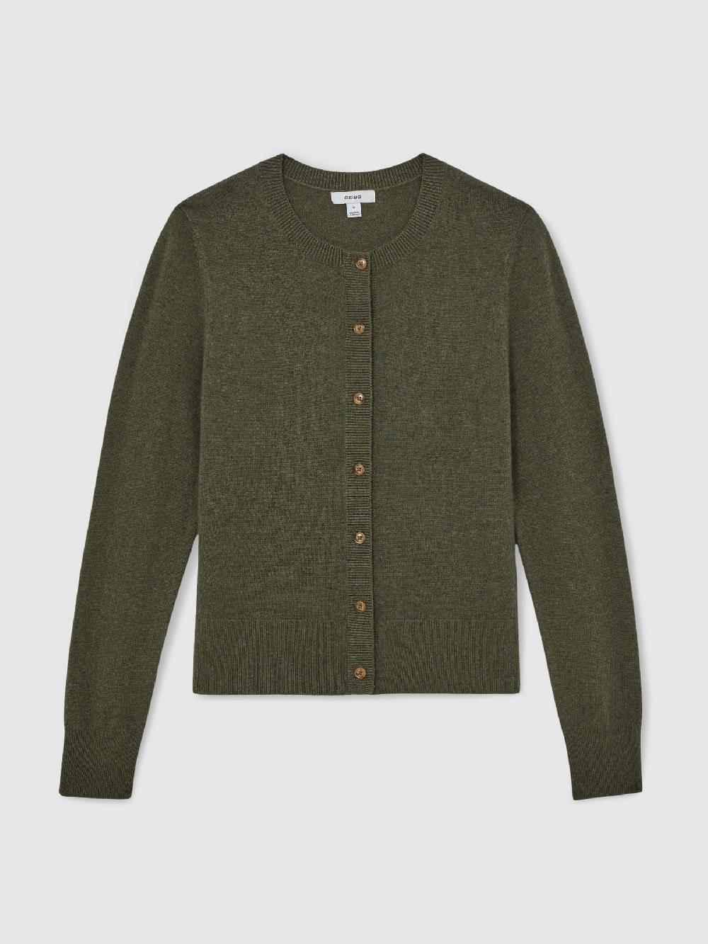 Reiss Wool-Blend Crew-Neck Cardigan With Cashmere In Green