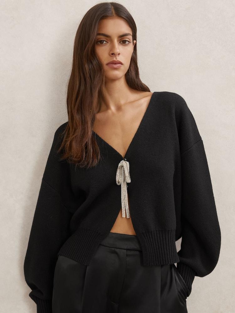 reiss Wool-Blend Crystal-Bow Cardigan With Cashmere in Black