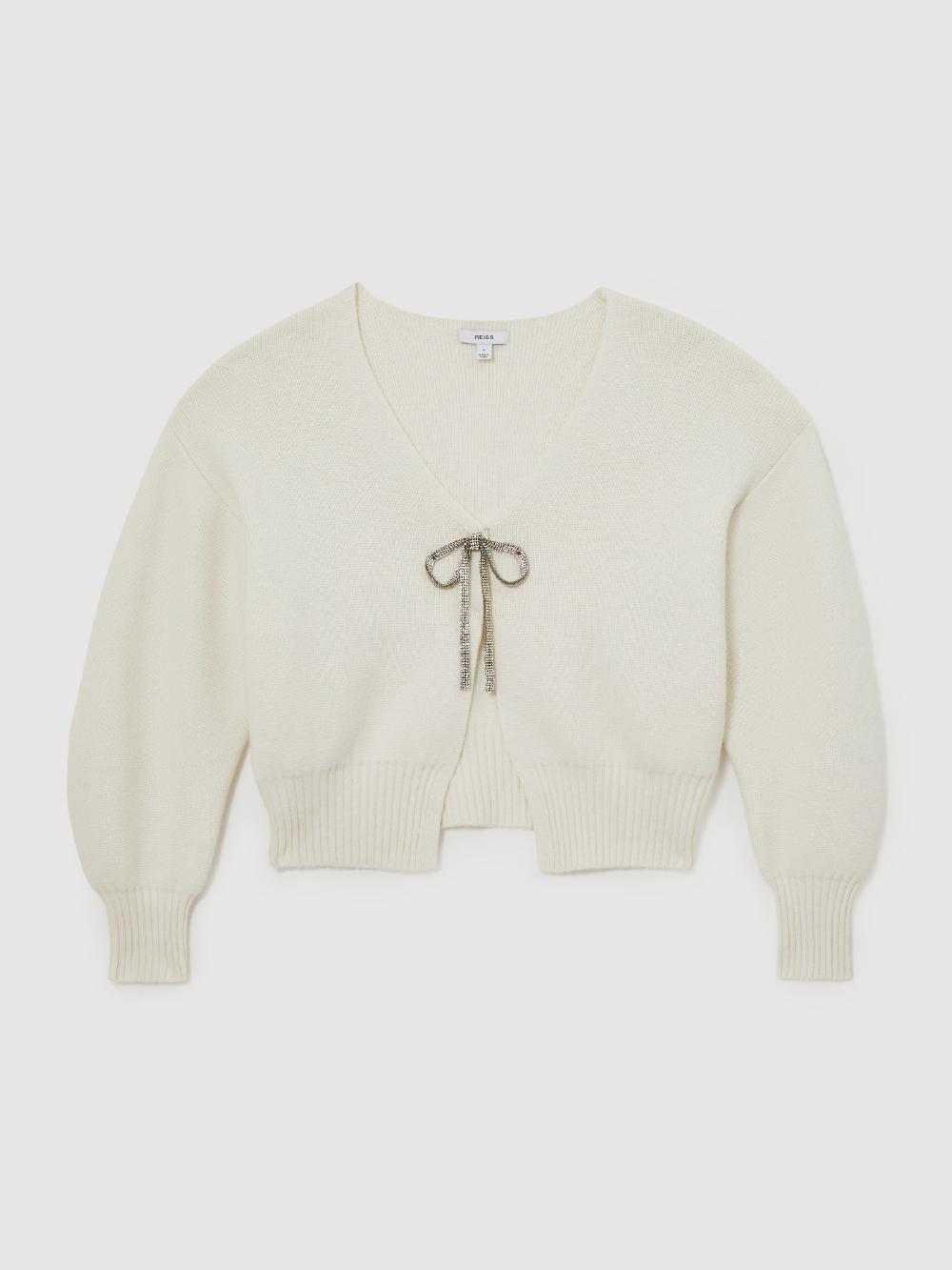 Reiss Wool-Blend Crystal-Bow Cardigan With Cashmere In Cream