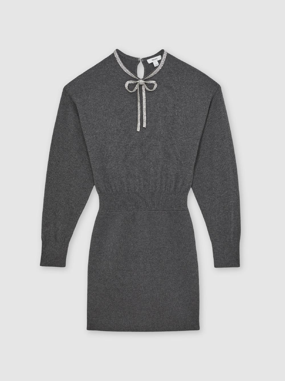 Reiss Wool-Blend Crystal-Bow Knit Mini Dress With Cashmere In Grey