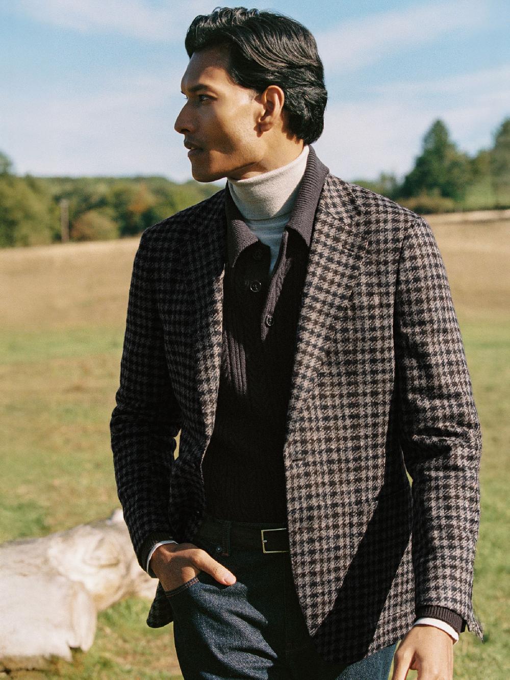 Reiss Wool-Blend Dogtooth Check Tailored-Fit Blazer In Brown