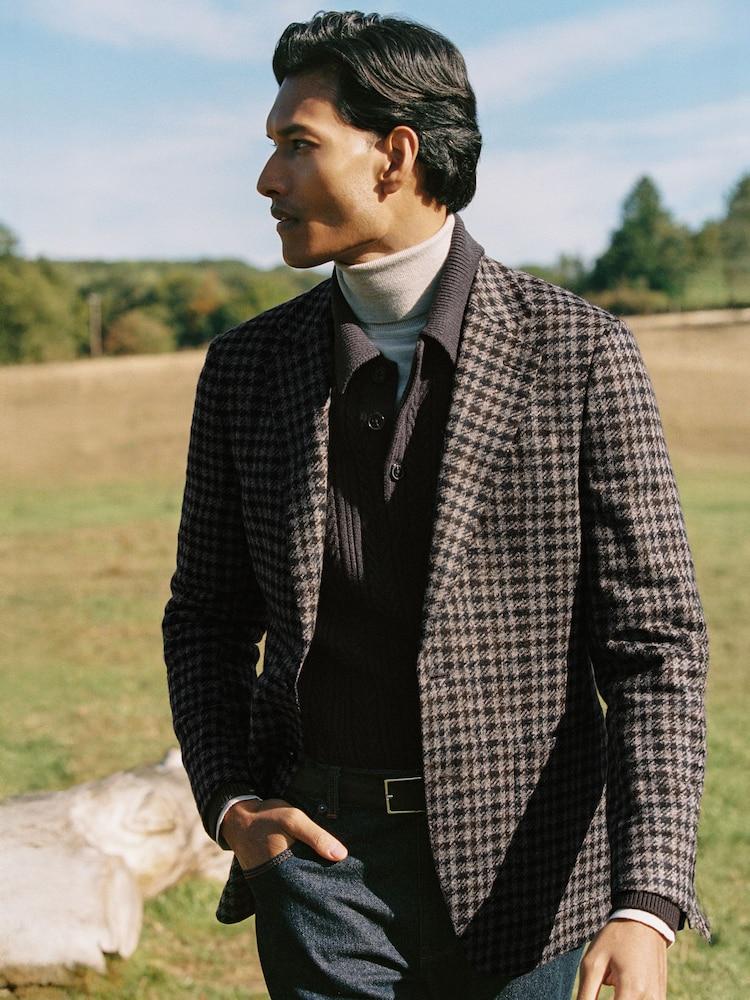 reiss Wool-Blend Dogtooth Check Tailored-Fit Blazer in Brown