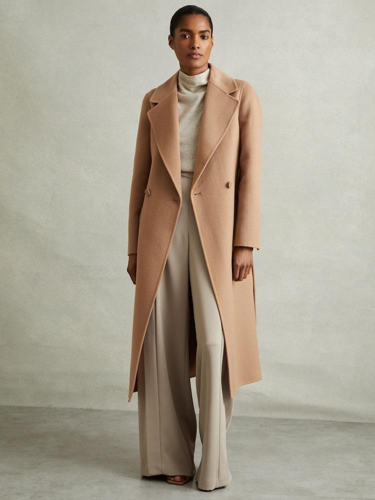 reiss Wool Blend Double Breasted Blindseam Coat in Light Camel