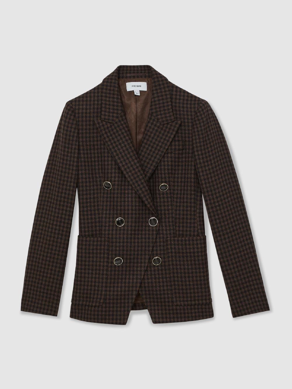 Reiss Wool-Blend Double-Breasted Check Blazer In Brown Check