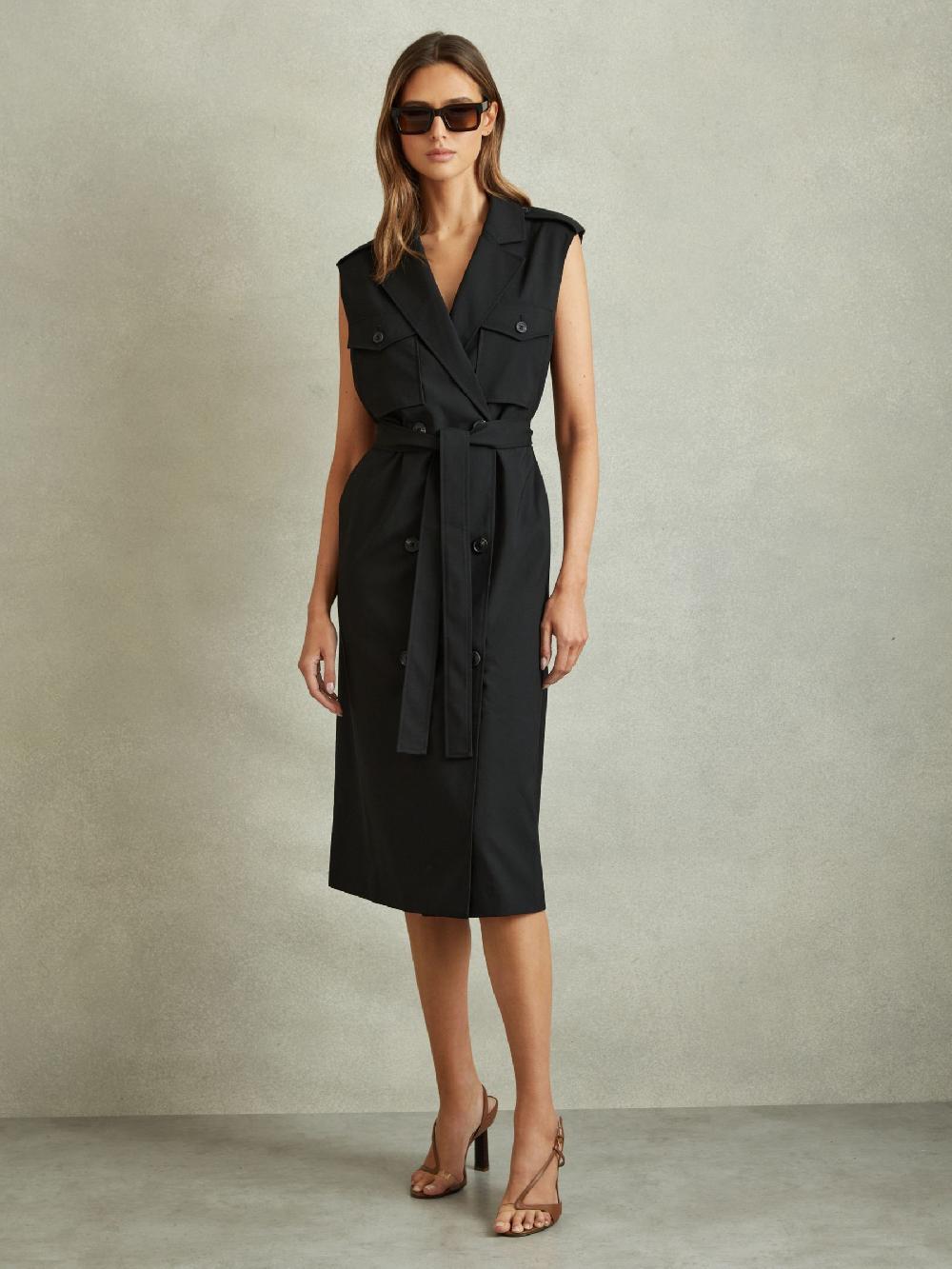 Reiss Wool Blend Double Breasted Midi Dress In Black