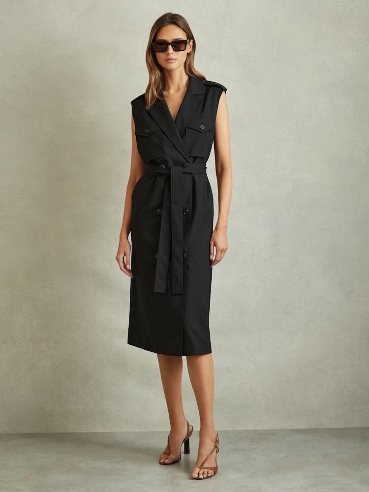 reiss Wool Blend Double Breasted Midi Dress in Black