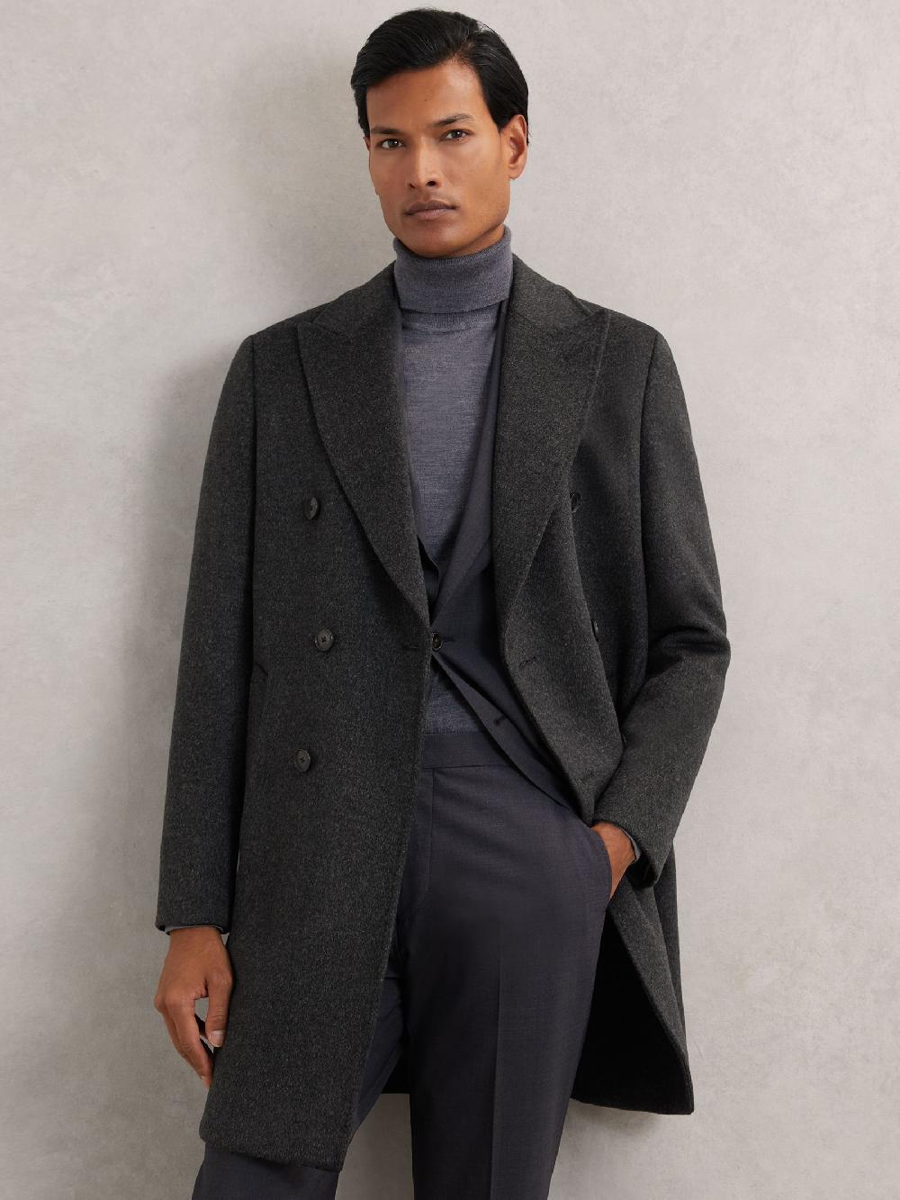 Reiss Wool-Blend Double-Breasted Overcoat In Charcoal Grey