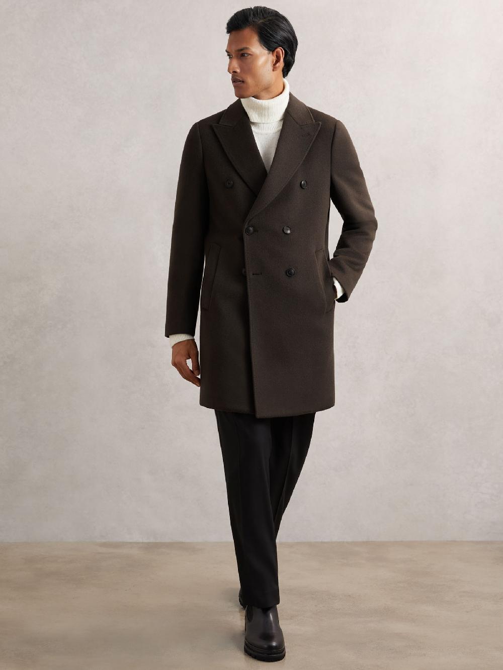 Reiss Wool-Blend Double-Breasted Overcoat In Dark Khaki Green
