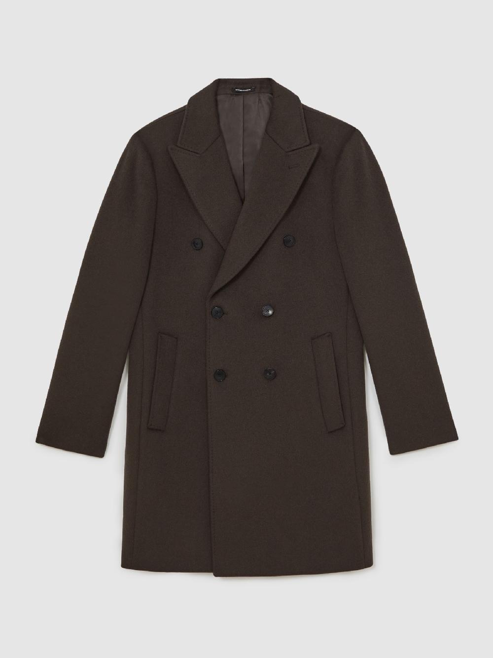 Reiss Wool-Blend Double-Breasted Overcoat In Dark Khaki Green