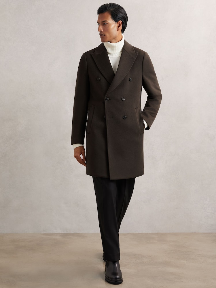 reiss Wool-Blend Double-Breasted Overcoat in Dark Khaki Green