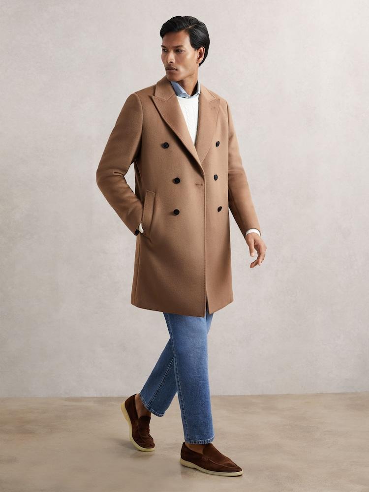 reiss Wool-Blend Double-Breasted Overcoat in Light Brown