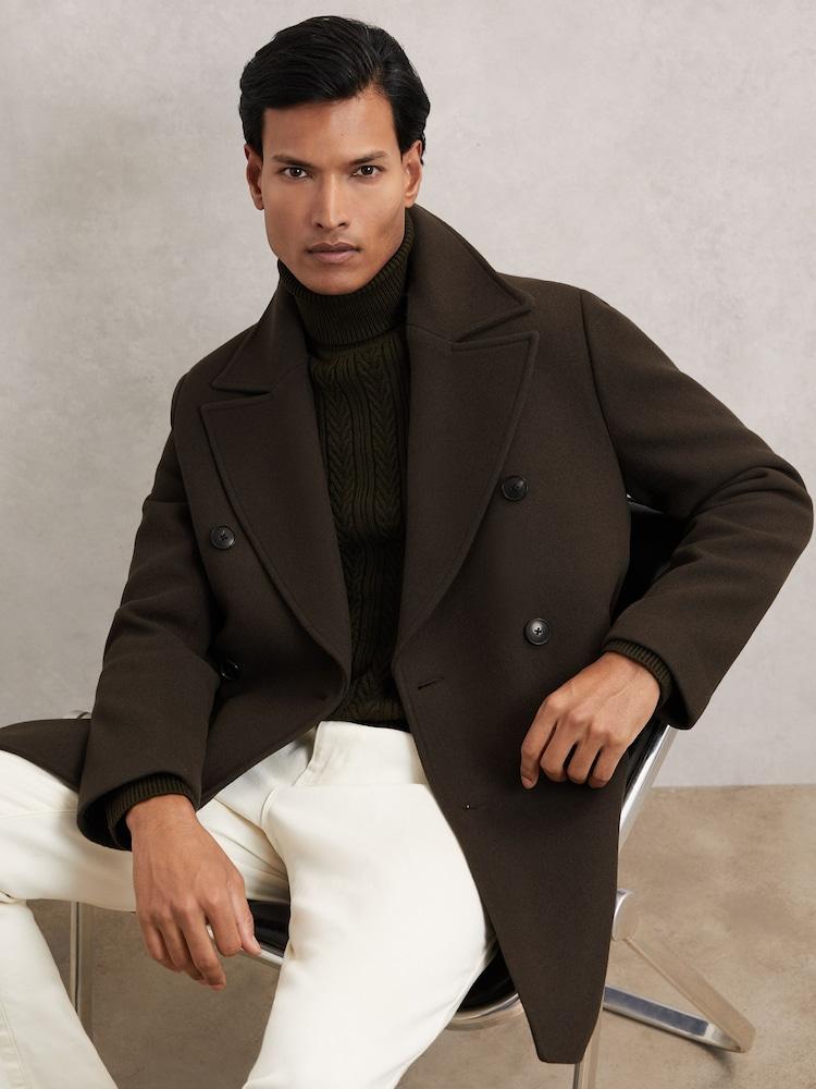 reiss Wool-Blend Double-Breasted Pea Coat in Dark Green