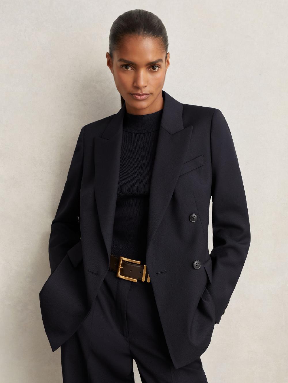 Reiss Wool Blend Double Breasted Suit Blazer In Navy