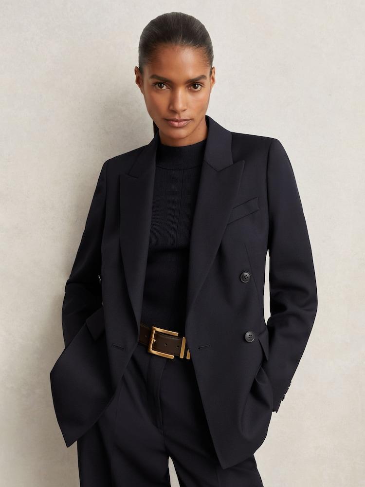 reiss Wool Blend Double Breasted Suit Blazer in Navy