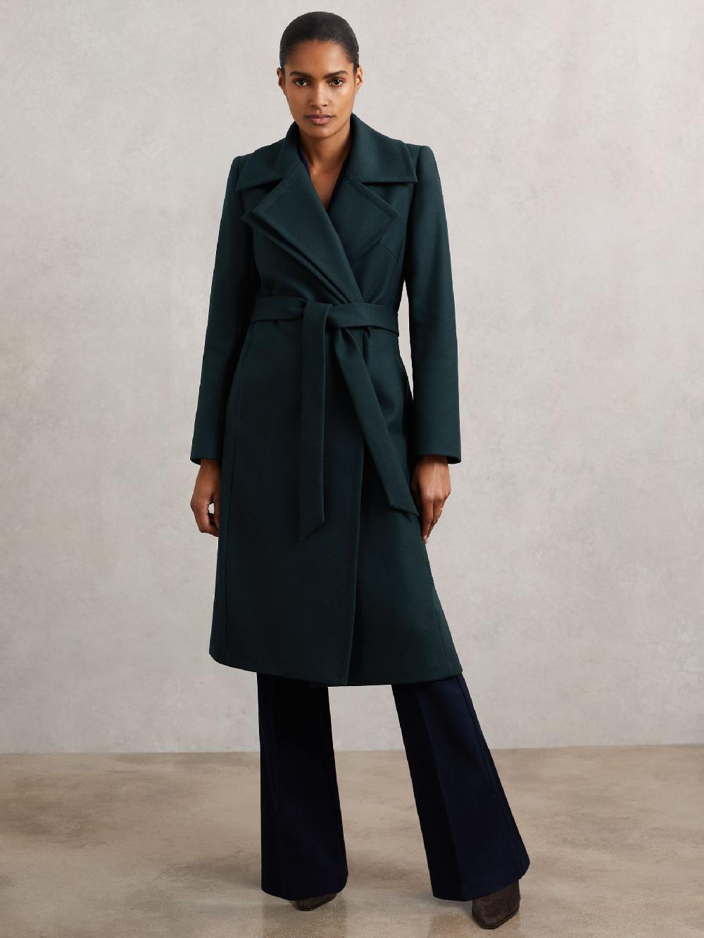Reiss Wool-Blend Double-Lapel Belted Coat With Cashmere In Teal