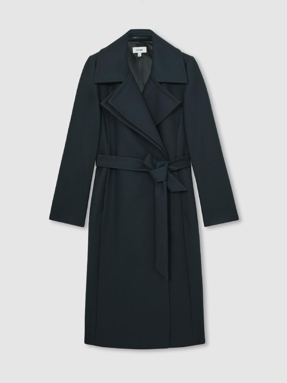 Reiss Wool-Blend Double-Lapel Belted Coat With Cashmere In Teal