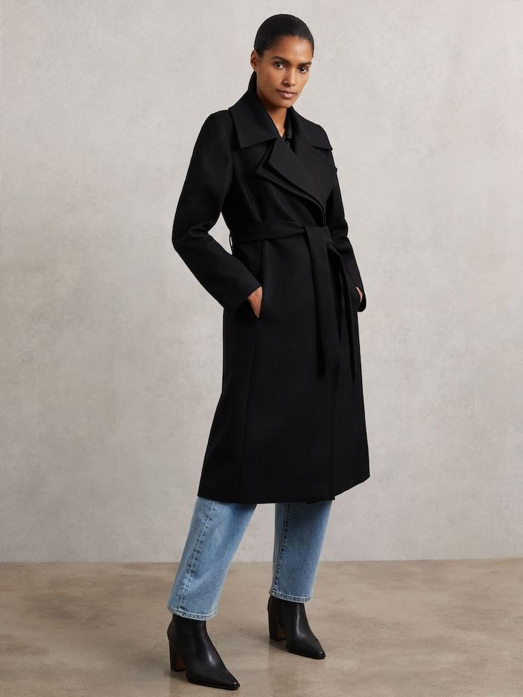 reiss Wool-Blend Double-Lapel Belted Coat With Cashmere in Black