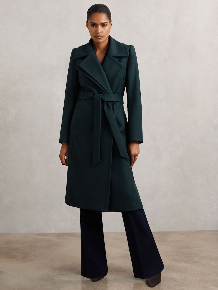 reiss Wool-Blend Double-Lapel Belted Coat With Cashmere in Teal