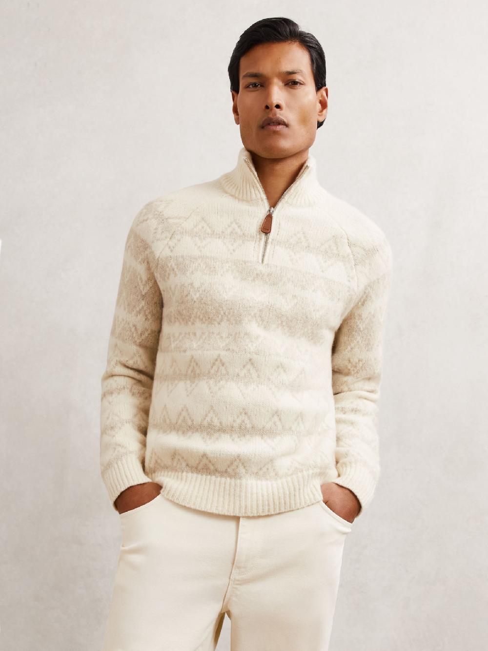Reiss Wool-Blend Fair Isle Half-Zip Jumper In Winter White/Oatmeal