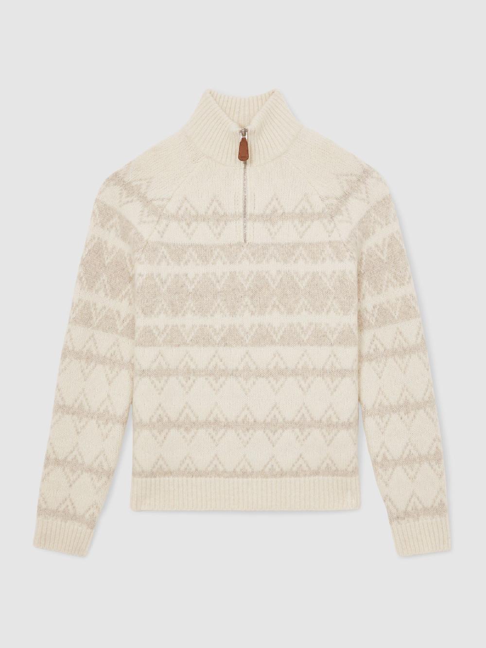 Reiss Wool-Blend Fair Isle Half-Zip Jumper In Winter White/Oatmeal