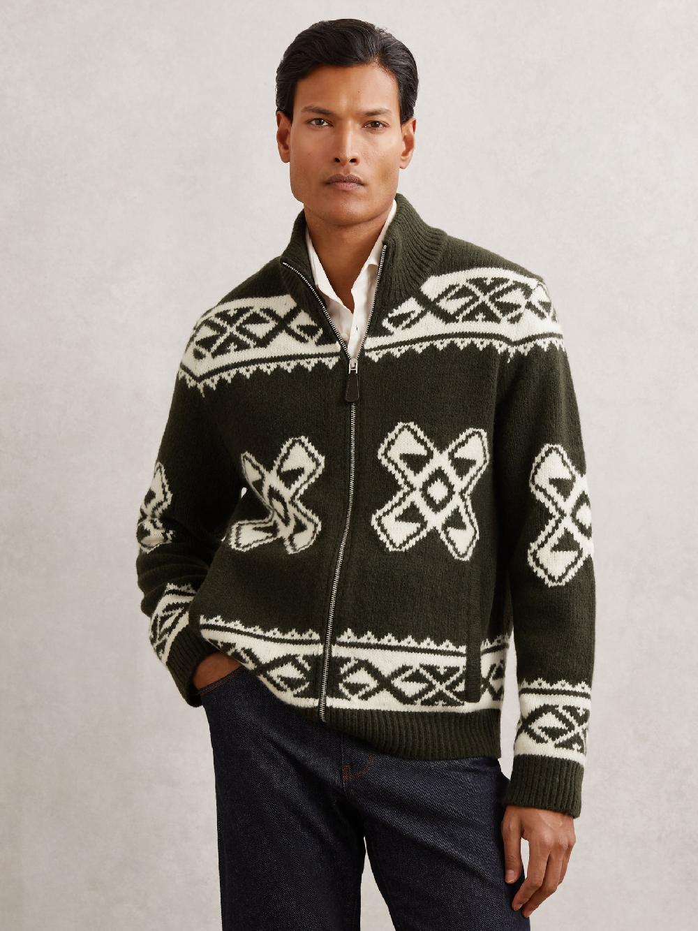Reiss Wool-Blend Fair Isle Zip Jumper In Forest Green