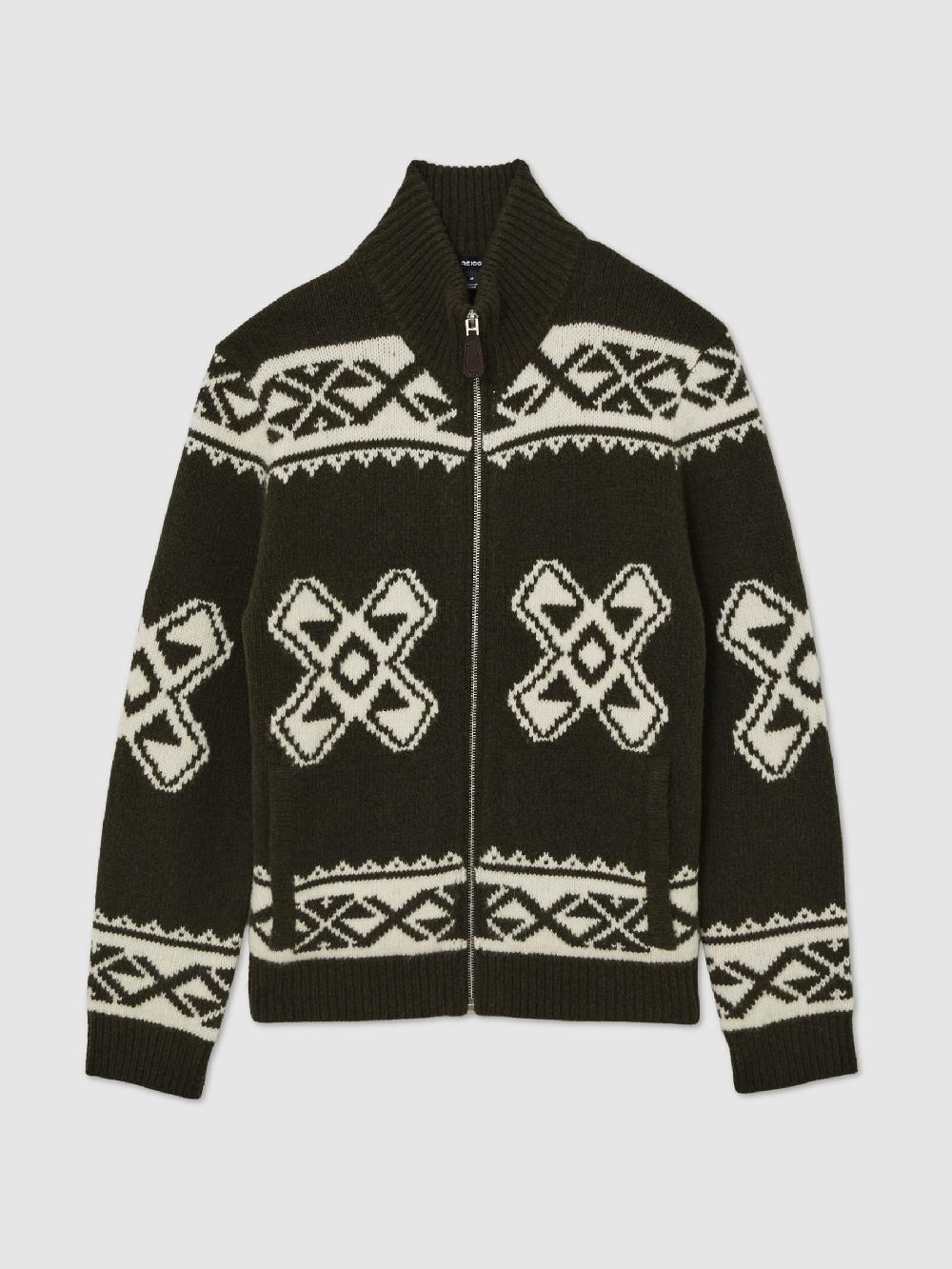 Reiss Wool-Blend Fair Isle Zip Jumper In Forest Green