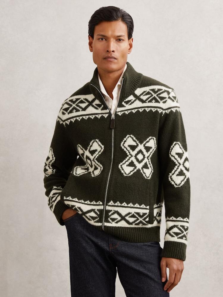 reiss Wool-Blend Fair Isle Zip Jumper in Forest Green