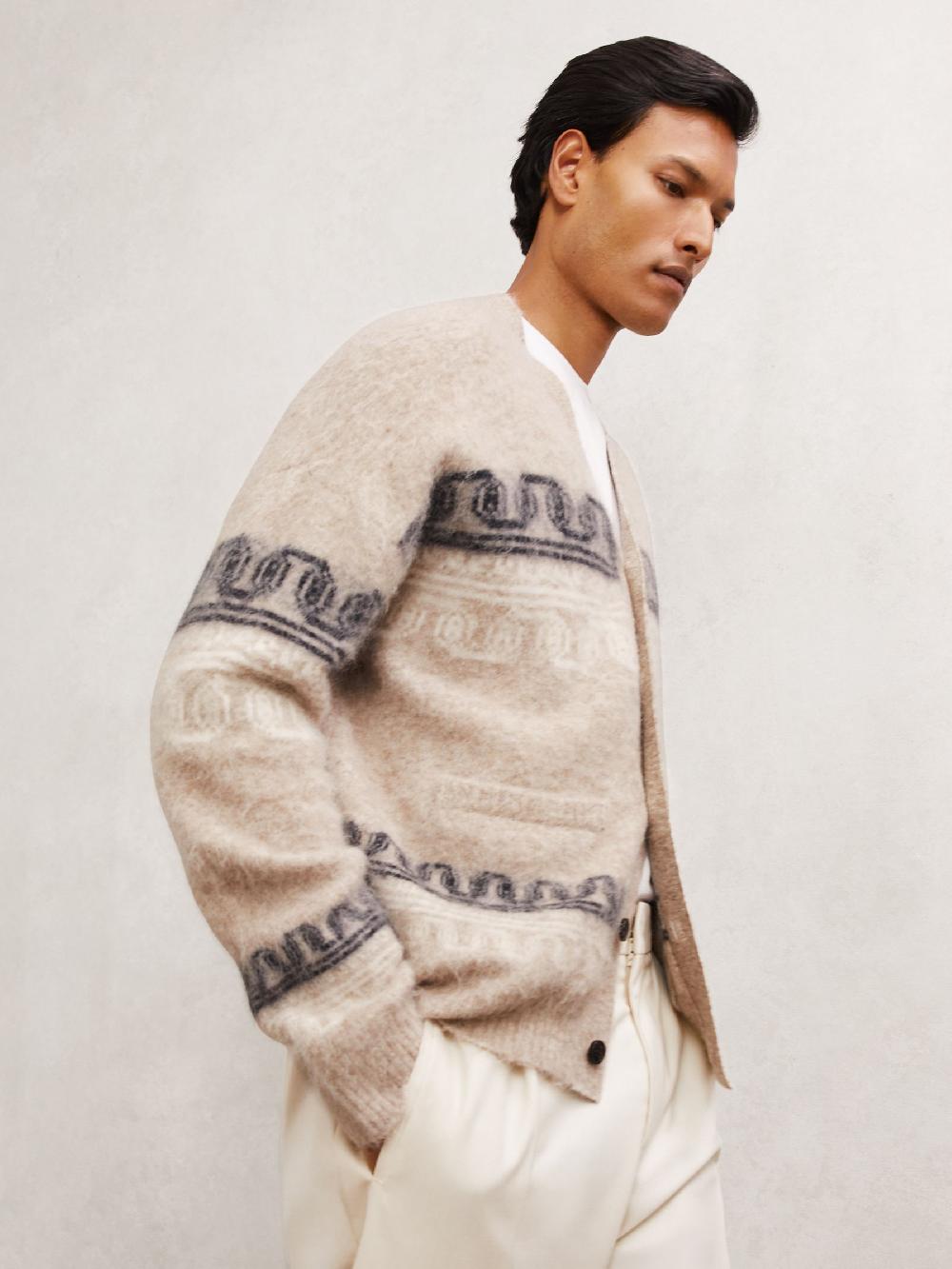 Reiss Wool Blend Fairisle Pattern Cardigan In Oatmeal