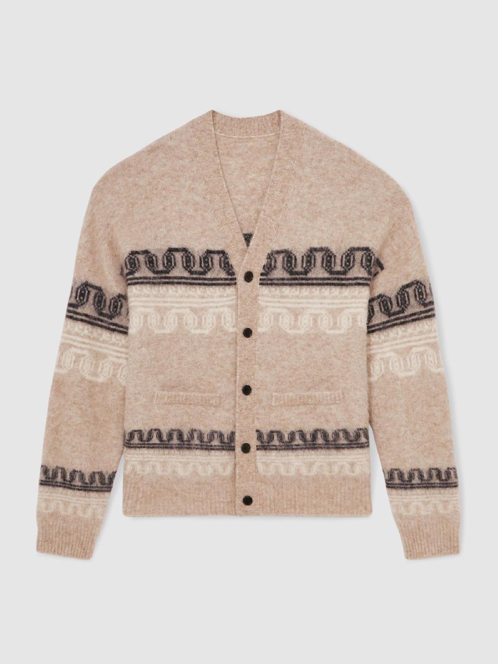 Reiss Wool Blend Fairisle Pattern Cardigan In Oatmeal