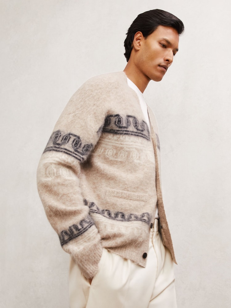 reiss Wool Blend Fairisle Pattern Cardigan in Oatmeal