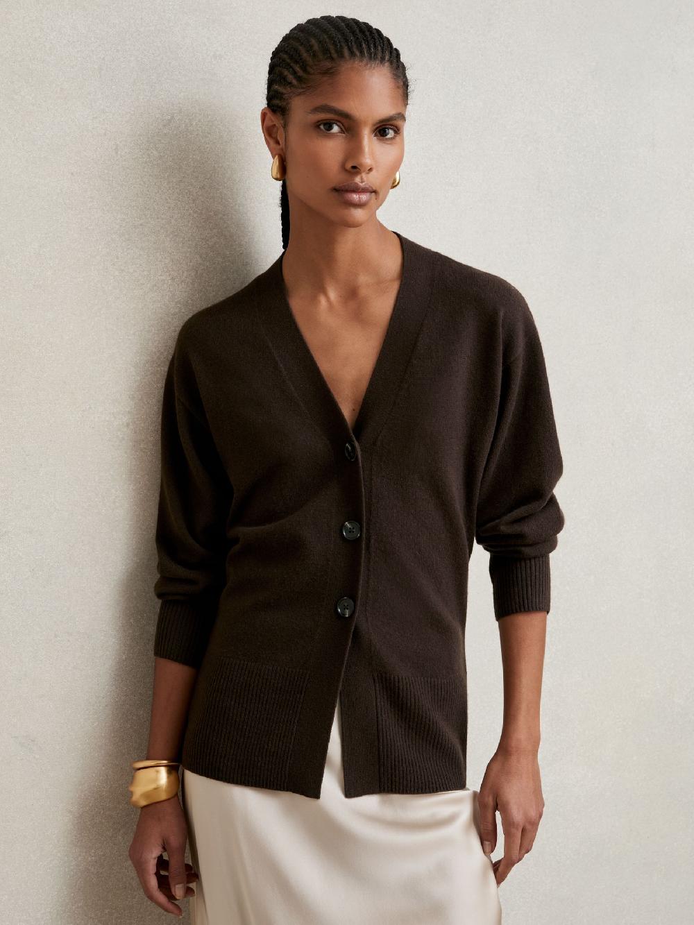 Reiss Wool-Blend Fitted Cardigan With Cashmere In Chocolate