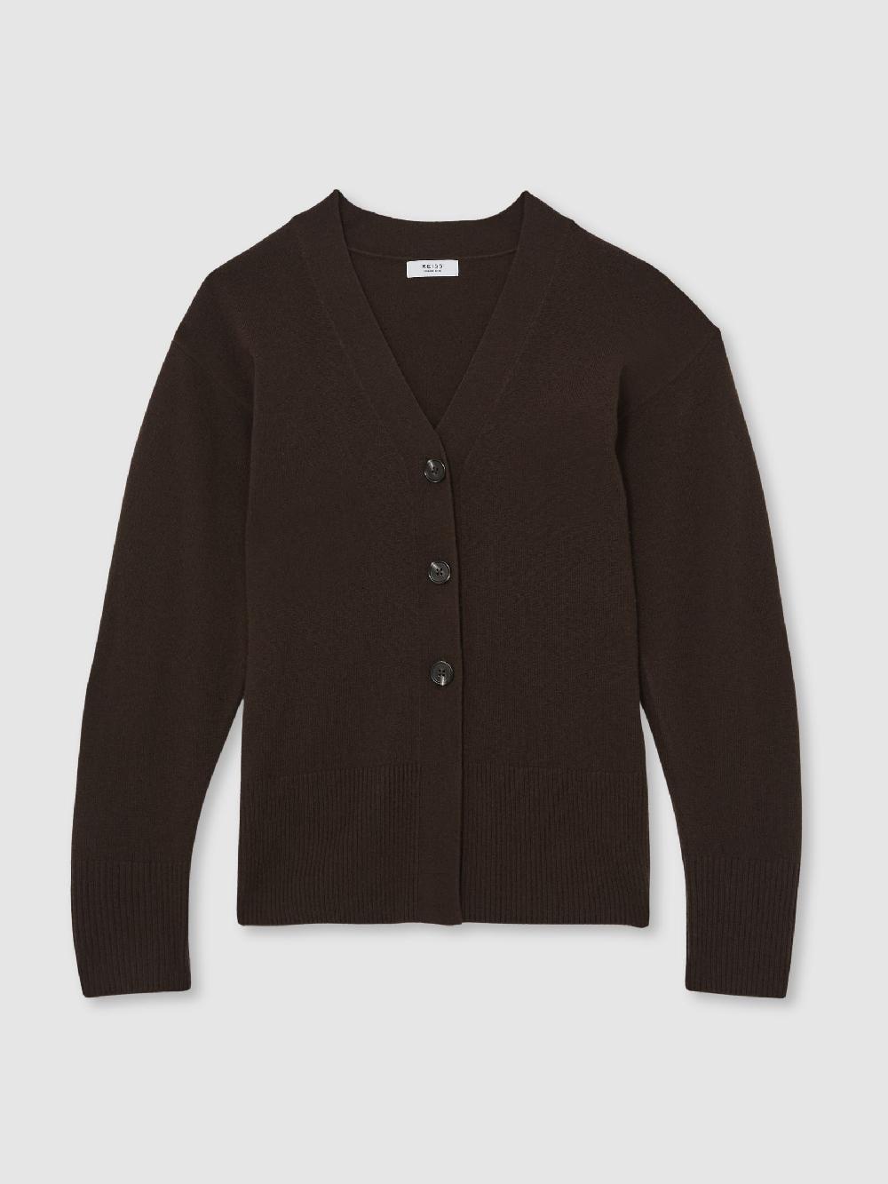 Reiss Wool-Blend Fitted Cardigan With Cashmere In Chocolate