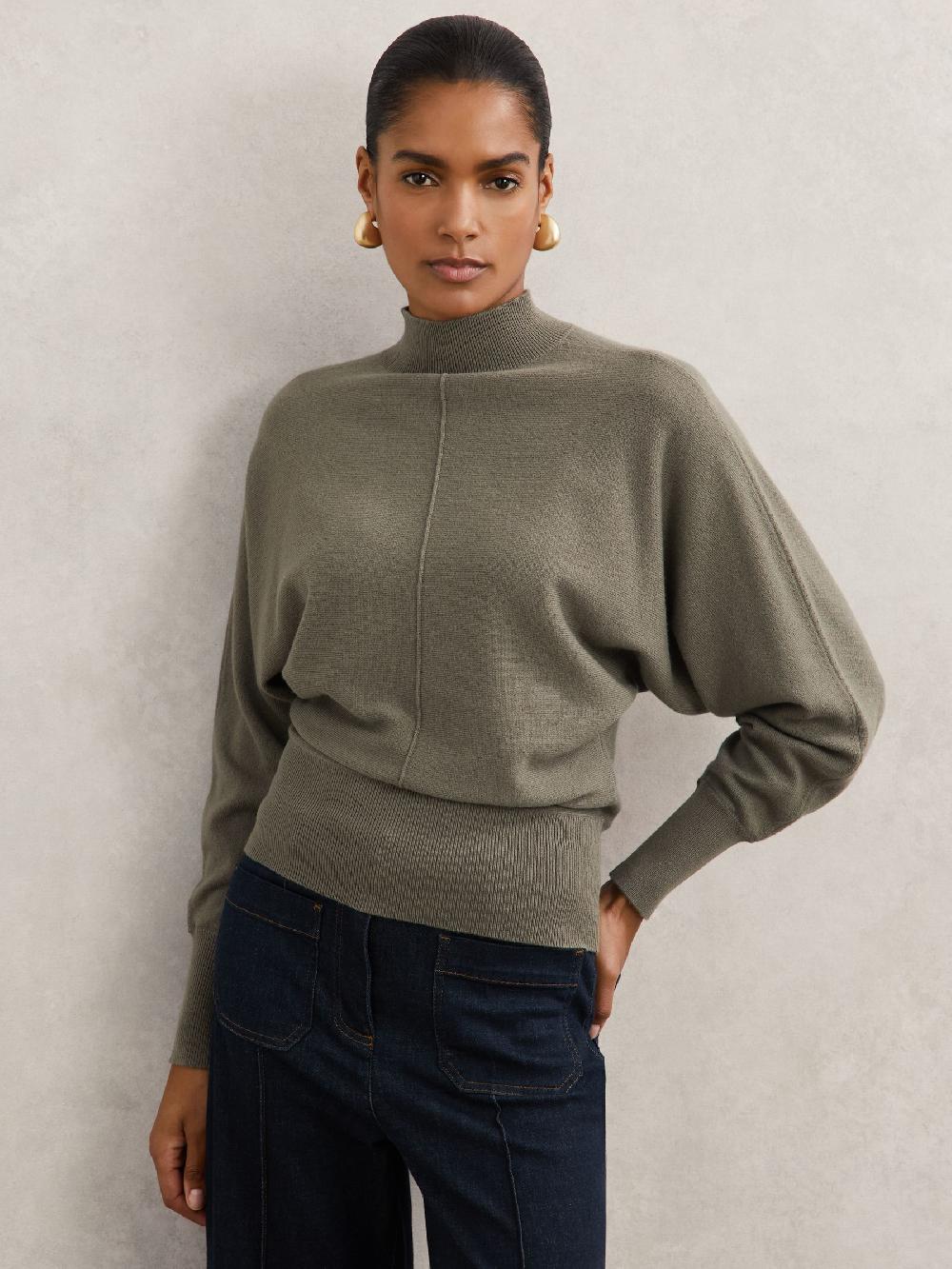 Reiss Wool-Blend Funnel-Neck Batwing Jumper With Cashmere In Sage Green