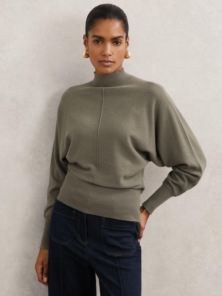 reiss Wool-Blend Funnel-Neck Batwing Jumper with Cashmere in Sage Green