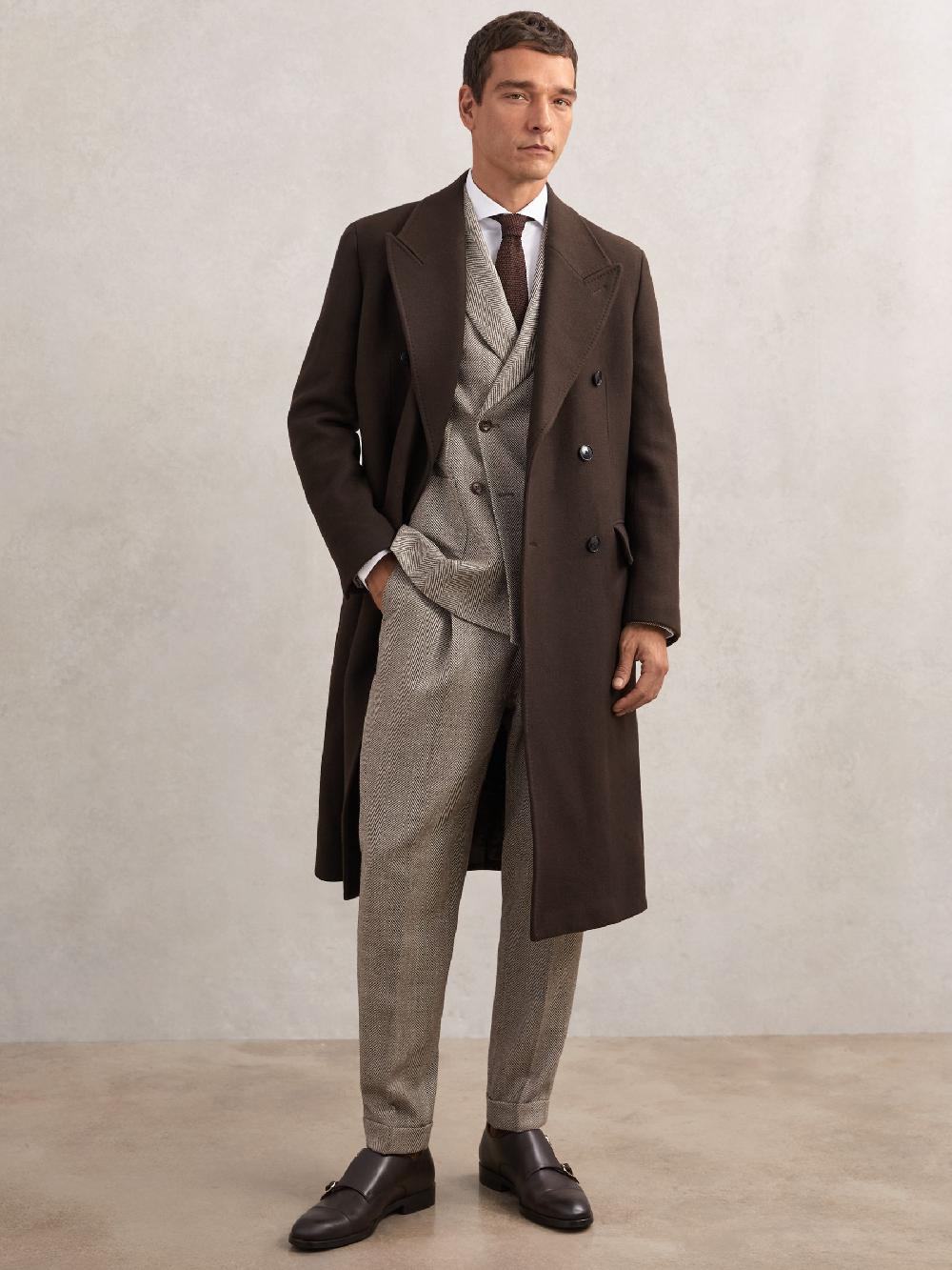 Reiss Wool-Blend Herringbone Trousers Tailored-Fit In Brown