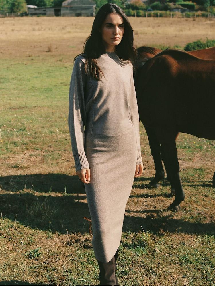 reiss Wool-Blend High-Neck Knitted Dress with Cashmere in Neutral