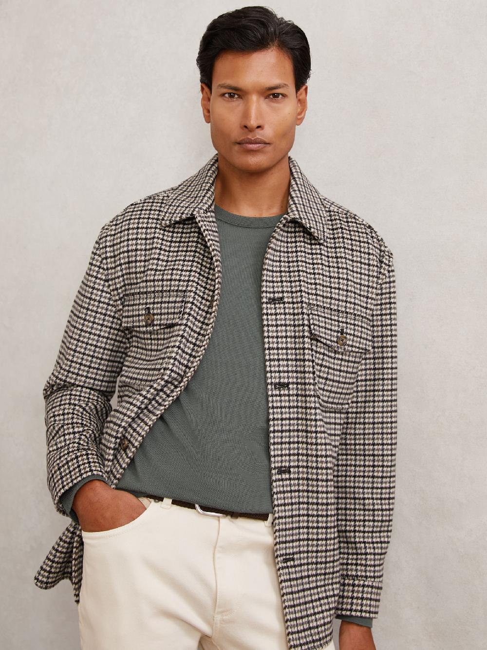 Reiss Wool-Blend Houndstooth-Check Overshirt In Grey