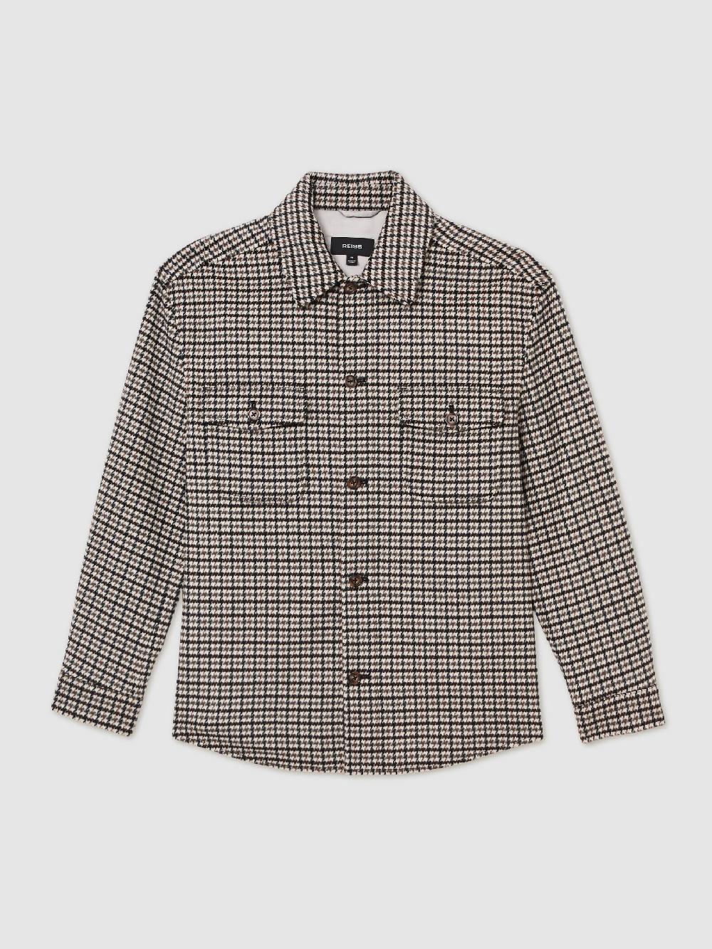 Reiss Wool-Blend Houndstooth-Check Overshirt In Grey