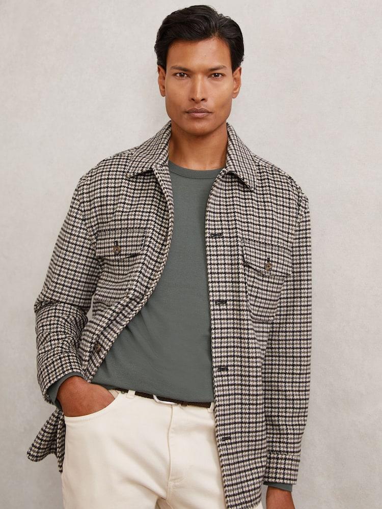 reiss Wool-Blend Houndstooth-Check Overshirt in Grey